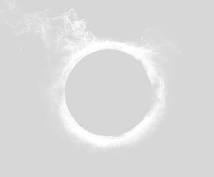 Glowing white smoke ring on transparent background. Ethereal fire circle overlay effect. Mystical magic portal frame with copy space