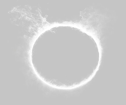 Luminous white smoke ring on transparent background. Ethereal glowing fire circle overlay. Magical energy portal frame with copy space