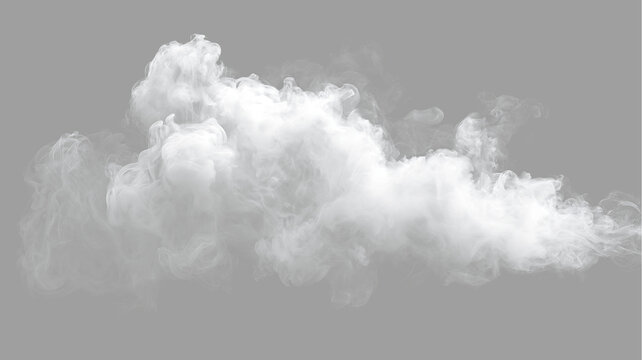 Dense white smoke plume isolated on transparent background. Realistic fog or steam mist texture. Graphic element for design overlay