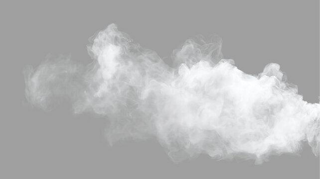 Drifting white smoke cloud isolated on transparent background. Realistic fog or vapor mist texture. Graphic element for design overlay