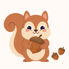 Cute squirrel holding acorn flat vector illustration © Ilham MD