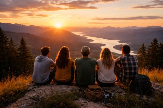 Group of young people sitting on a mountaintop, enjoying a breathtaking sunset view over a winding lake and vast mountain landscape, feeling peace and freedom