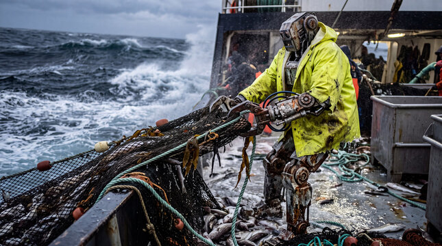 A raw, unfiltered action photograph of a heavy-duty maritime robot hauling a massive fishing