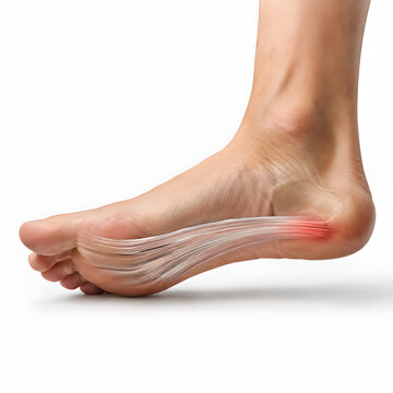 Plantar fasciitis foot anatomy 3D render showing a tight plantar fascia band and inflamed heel on a clean isolated background for medical education, healthcare design, and patient communication