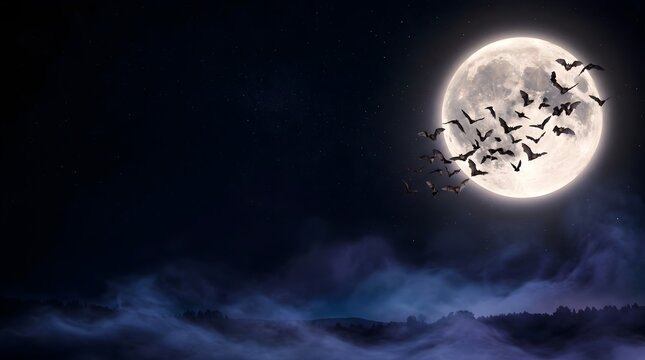 Flock of bats flying around full moon at night