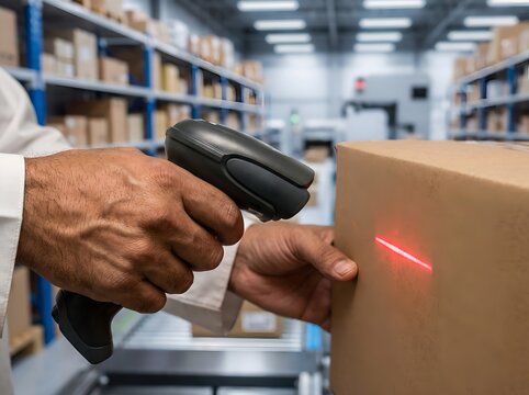 Barcode scanner reading shipping label in warehouse distribution