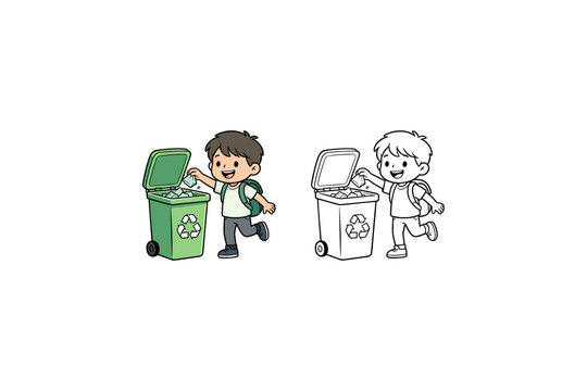 Cute child recycling paper into a green recycle bin. Eco education cartoon vector with colored and outline versions, promoting sustainability and environmental awareness. Vector illustration.