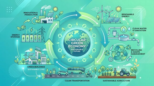 Vector infographic of sustainable development with renewable energy, green tech, eco friendly recycling, and clean transport
