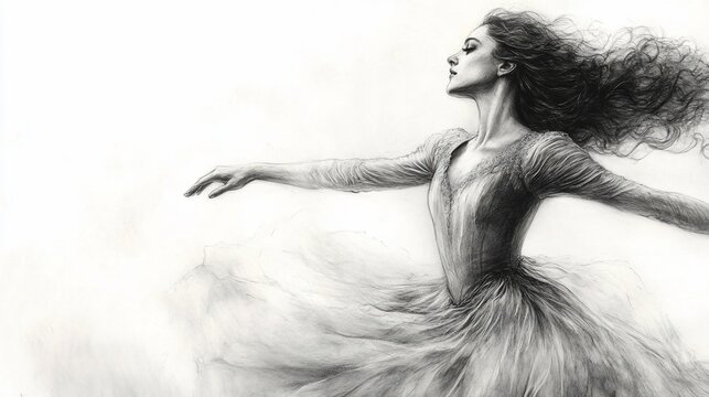 A woman dances gracefully in a flowing dress, hair swirling. Pencil sketch