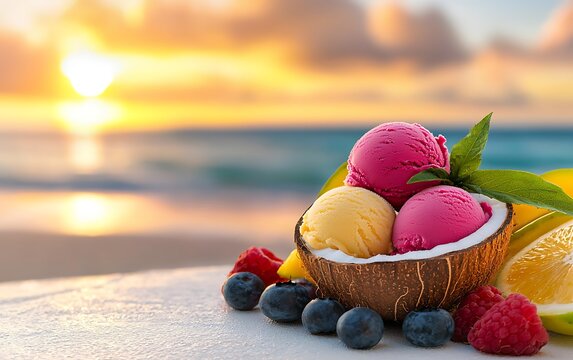 Colorful ice cream in a coconut shell on a beach at sunset