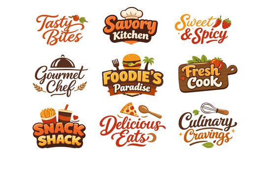 Collection of Colorful Food-Themed Logos Featuring Various Culinary Concepts