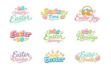 Obraz premium Colorful Easter Themed Illustrations Featuring Eggs and Bunny Designs with Playful Typography