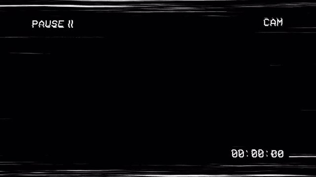Pause screen vhs digital surveillance overlay with monochrome static glitch on black grain. Suitable for video editing projects or retro aesthetics.
