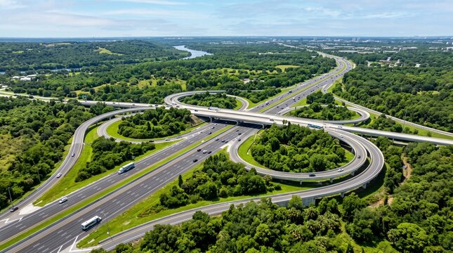 Aerial view of a complex highway interchange with multiple connecting loops and lanes surrounded by dense green forest