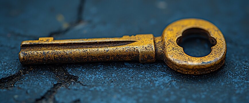 Rusty key lies on dark surface, mystery background, security concept