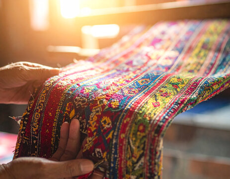 Hand Weaving Tradition: A close-up shot showcases hands skillfully weaving intricate patterns on a traditional loom, bathed in the warm, soft light of the sun.