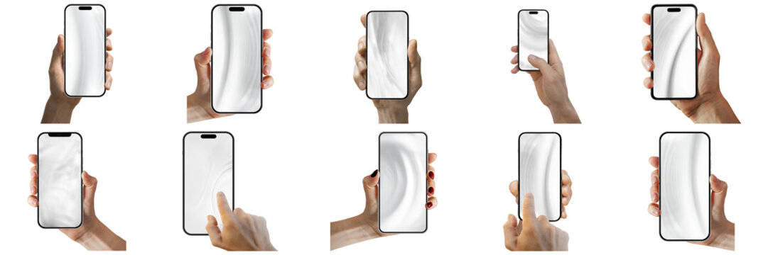 collection Phone in a hand on a transparent background in PNG format with a glass glare effect.