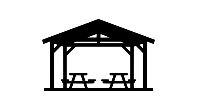 Picnic shelter and tables black silhouette icon on white background