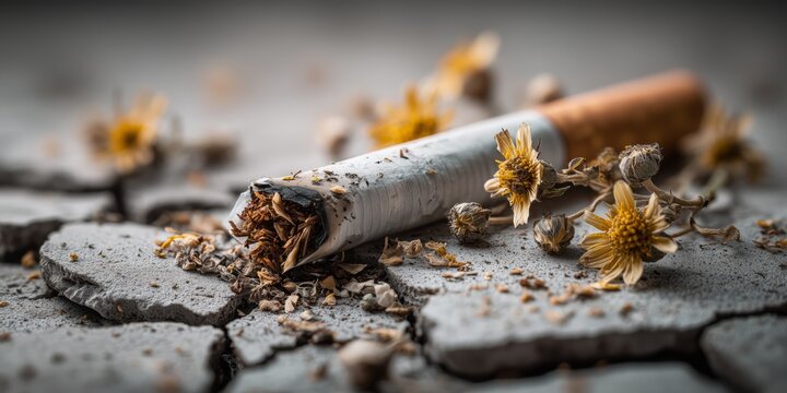 A broken cigarette lies on cracked dry earth surrounded by withered flowers, symbolizing environmental damage and health risks.