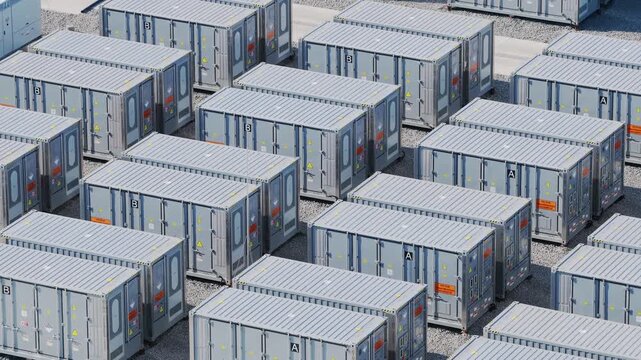 Aerial view of battery energy storage system facility for renewable power plant. Industrial lithium batteries used for clean electricity grid management.