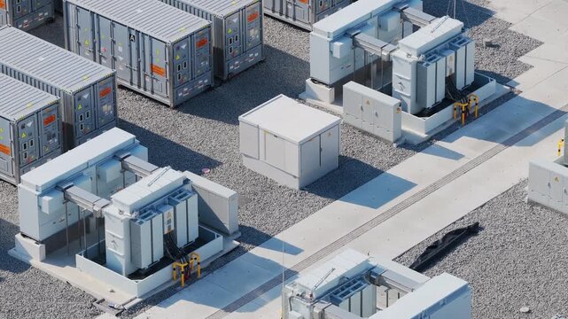 Aerial view of battery energy storage system facility for renewable power plant. Industrial lithium batteries used for clean electricity grid management.