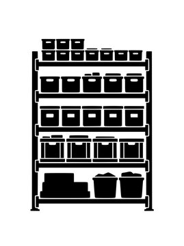 Minimalist black silhouette of a storage rack with organized boxes and containers