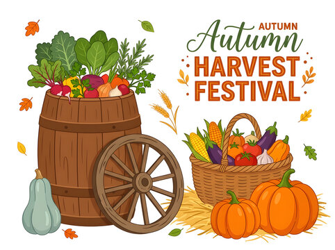 Autumn harvest festival illustration. Seasonal farm produce with pumpkins and vegetables.