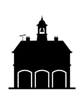 Silhouette of a vintage fire station or town hall building with bell tower