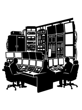 Silhouette of Operators in a High-Tech Control Room with Multiple Monitors