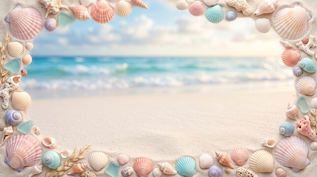 Seaside Serenity: A beautiful frame crafted from seashells and ocean treasures encircles a sun-drenched beach with gentle waves lapping the shore under a clear blue sky.