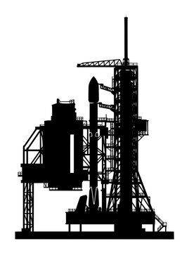Space Rocket on Launch Pad Silhouette Isolated on White Background