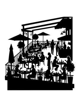 Silhouette of People Dining at a Busy Outdoor Rooftop Terrace Cafe
