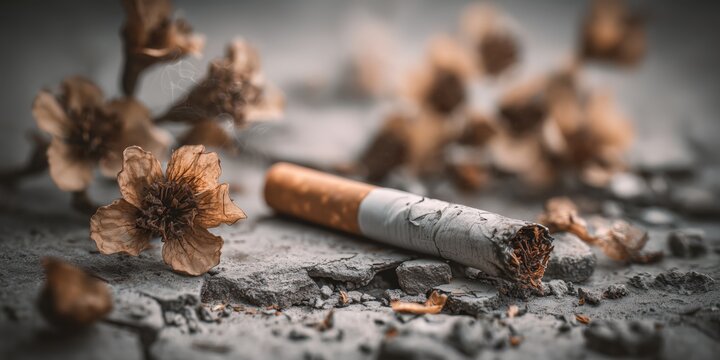 A smoked cigarette rests on rough grey concrete surrounded by withered brown flowers and scattered ash in a desolate setting.
