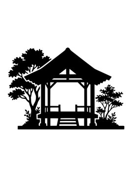 Traditional Asian Pavilion Silhouette with Garden Trees and Plants