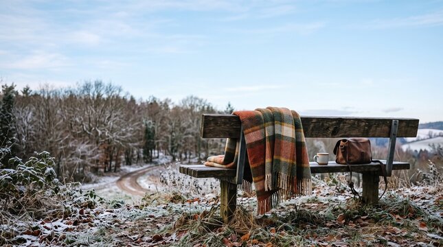 Wooden bench with plaid blanket and steaming mug in winter landscape