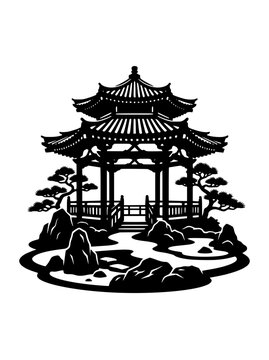 Traditional oriental pagoda pavilion silhouette in zen garden with bonsai trees