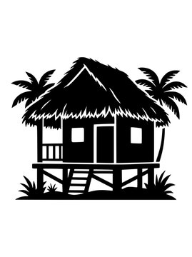 Tropical Beach Hut Silhouette Illustration with Palm Trees
