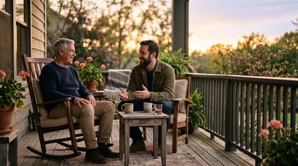 Fototapeta premium Two men enjoying coffee on a porch at sunset