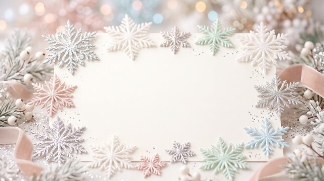 Winter's Embrace: A delicate frame of frosted snowflakes and pine branches encircles a blank canvas, evoking the serene beauty and quiet anticipation of the winter season.