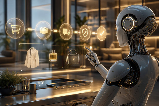 Autonomous AI shopping agent in futuristic retail interface