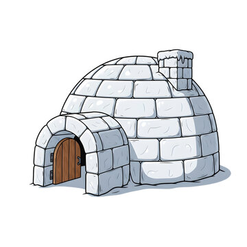 Cartoon style illustration of traditional snow igloo with wooden door isolated on white background
