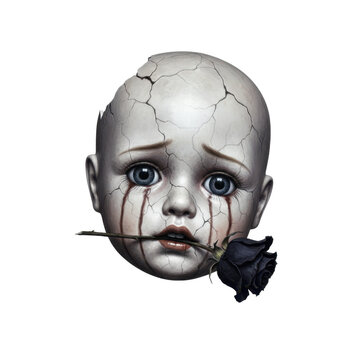 Cracked Creepy Doll Head Holding a Dark Black Rose