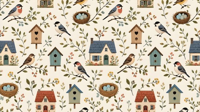 Seamless cottagecore pattern with songbirds, wooden birdhouses, country cottages, bird nests with eggs, branches, leaves and berries. Hand-drawn flat illustration style. Soft cream, terracotta, blue, 