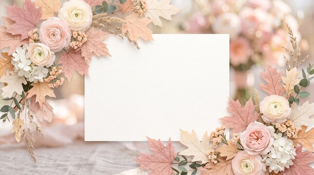Autumn Floral Invitation: Blank card surrounded by delicate autumn flowers and leaves in soft hues, perfect for wedding invitations or seasonal greetings.