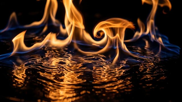 Fiery flames dancing on a dark, reflective surface, creating a mesmerizing visual spectacle