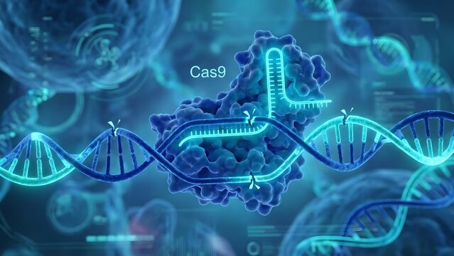 A dynamic 3D render illustrating the CRISPR-Cas9 gene-editing technology in action, showing DNA strands being manipulated by the Cas9 protein within a cellular environment