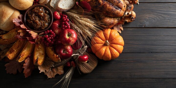 Thanksgiving Rustic Flat Lay with Roasted Turkey Pumpkin Apples Wheat and Copy Space on Dark Wooden Background