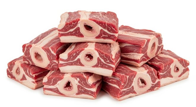Fresh Raw Beef Short Ribs with Marrow Bone Stacked on White Background - High Quality Meat