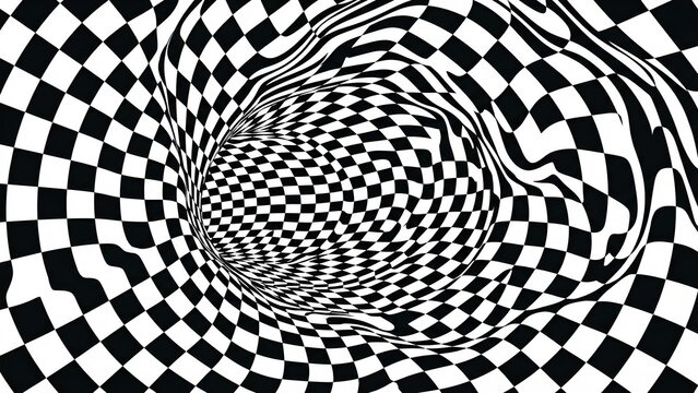 An optical illusion of a black and white checkered tunnel that appears to warp and twist, creating a sense of movement and depth