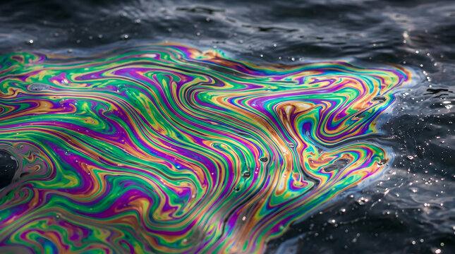 Oil slick rainbow interference colors on water